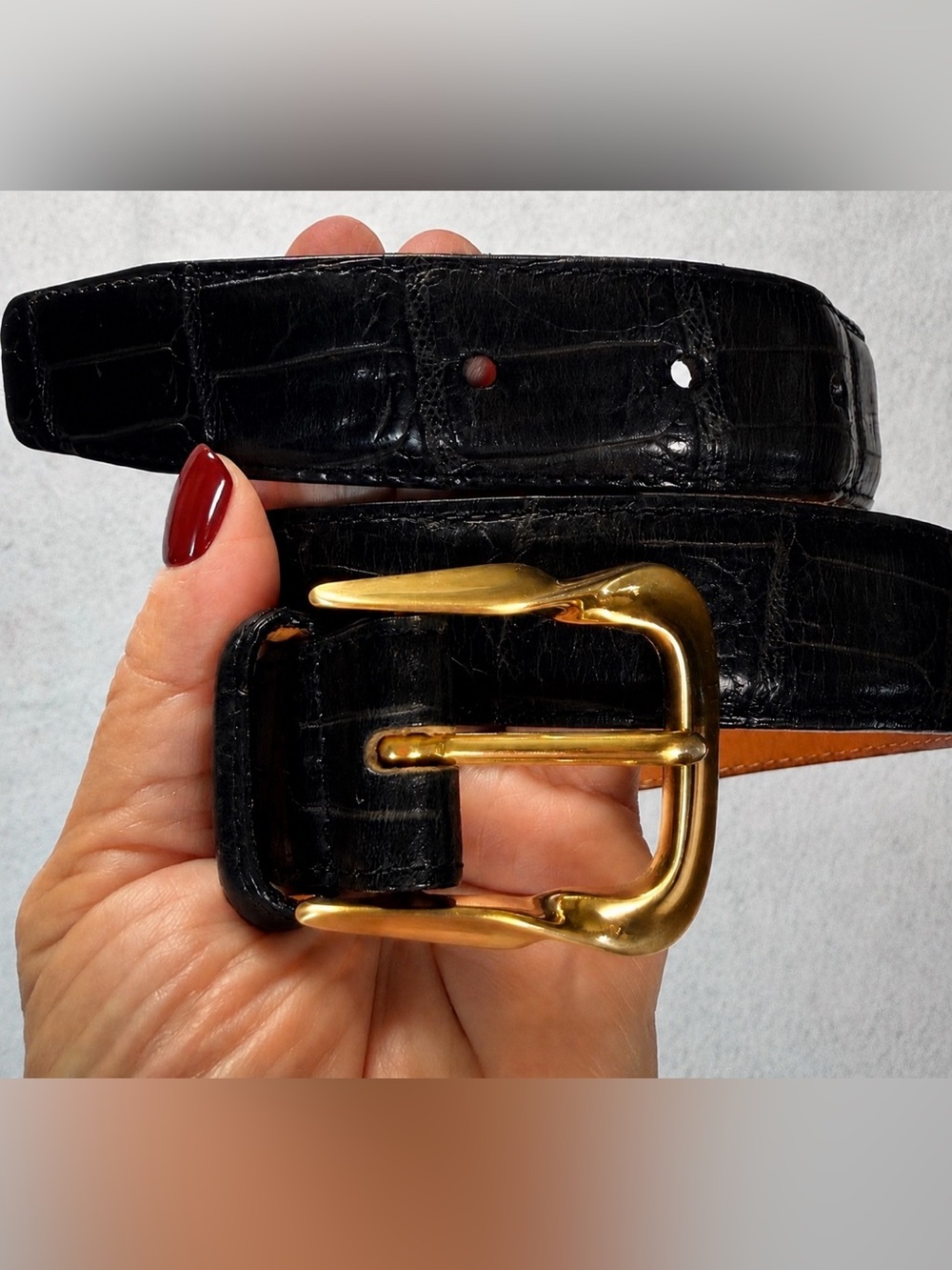 Brighton Classics Black Croc Embossed Leather Belt Gold Brass Buckle Size M